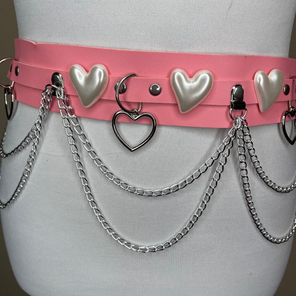 Kawaii Pink Heart Chain Belt - Pastel Goth Harajuku Double Strap - Picture 4 of 8